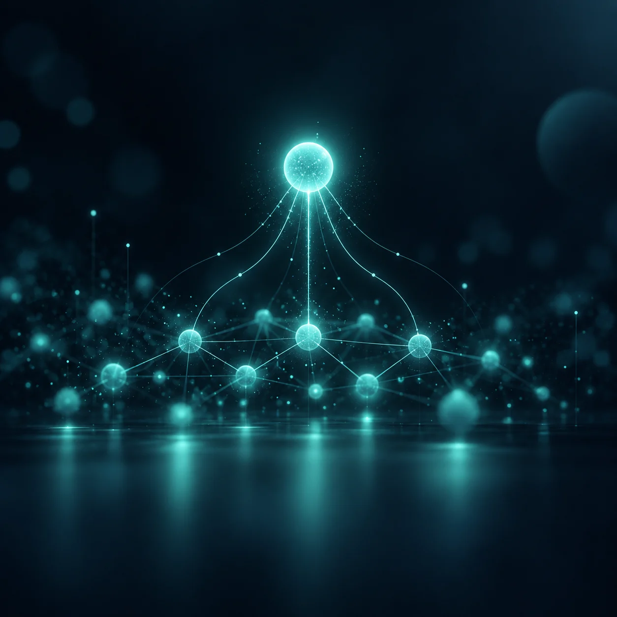 Posizione zero e featured snippet: illustrazione astratta Featured snippet: un nodo luminoso che emerge sopra una rete di nodi più tenui