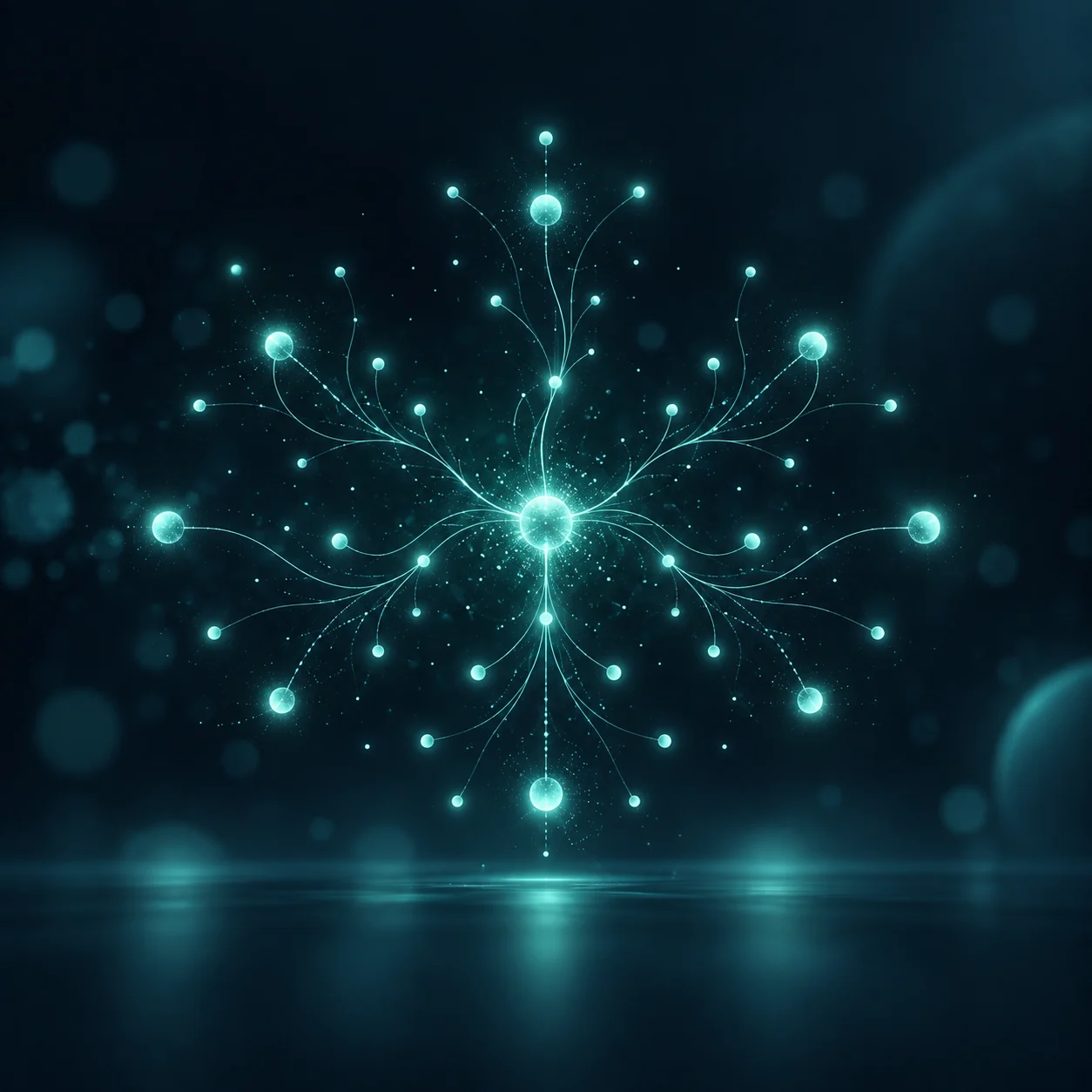 FAQ per l’AI: illustrazione astratta FAQ per l'AI: rete radiale simmetrica di nodi luminosi che si diramano da un centro