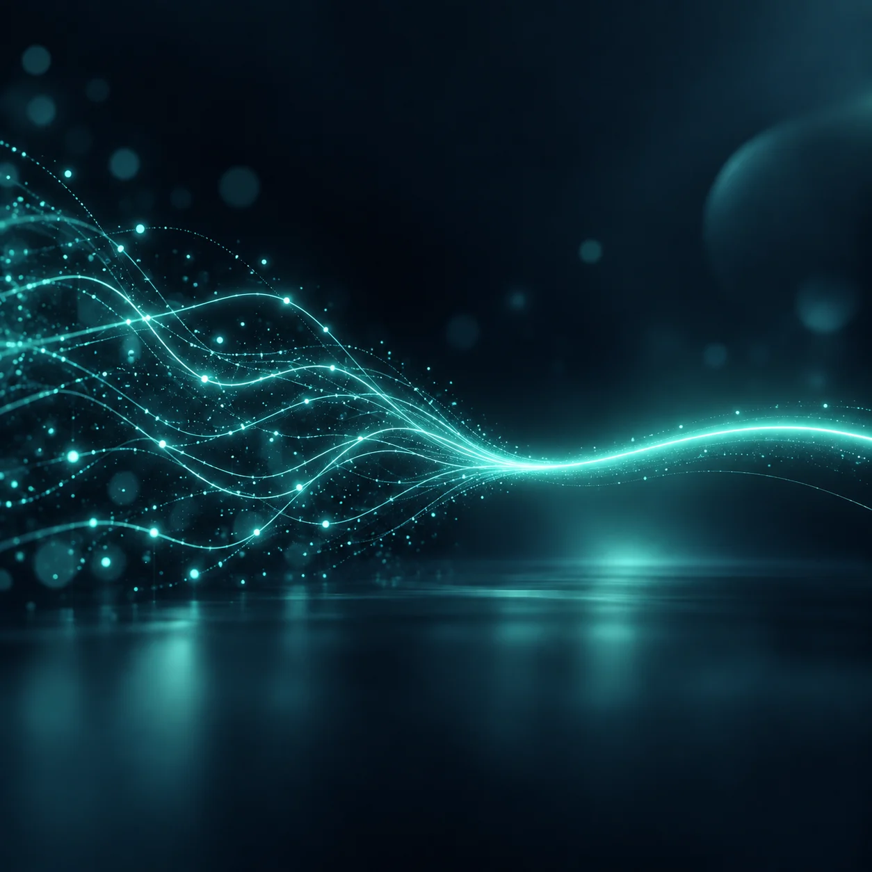 Google AI Overview: illustrazione astratta AI Overview: sottili fili di luce che si intrecciano in un unico filamento più spesso
