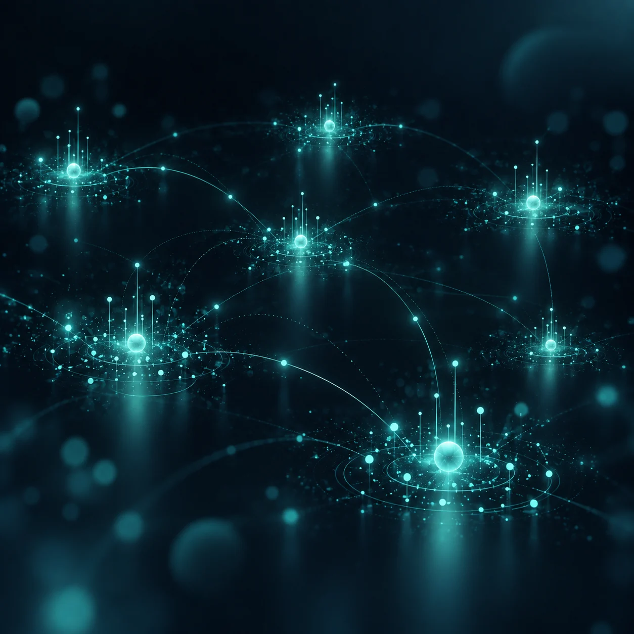 Local SEO multi-sede: più cluster di nodi luminosi distinti sparsi nell'inquadratura
