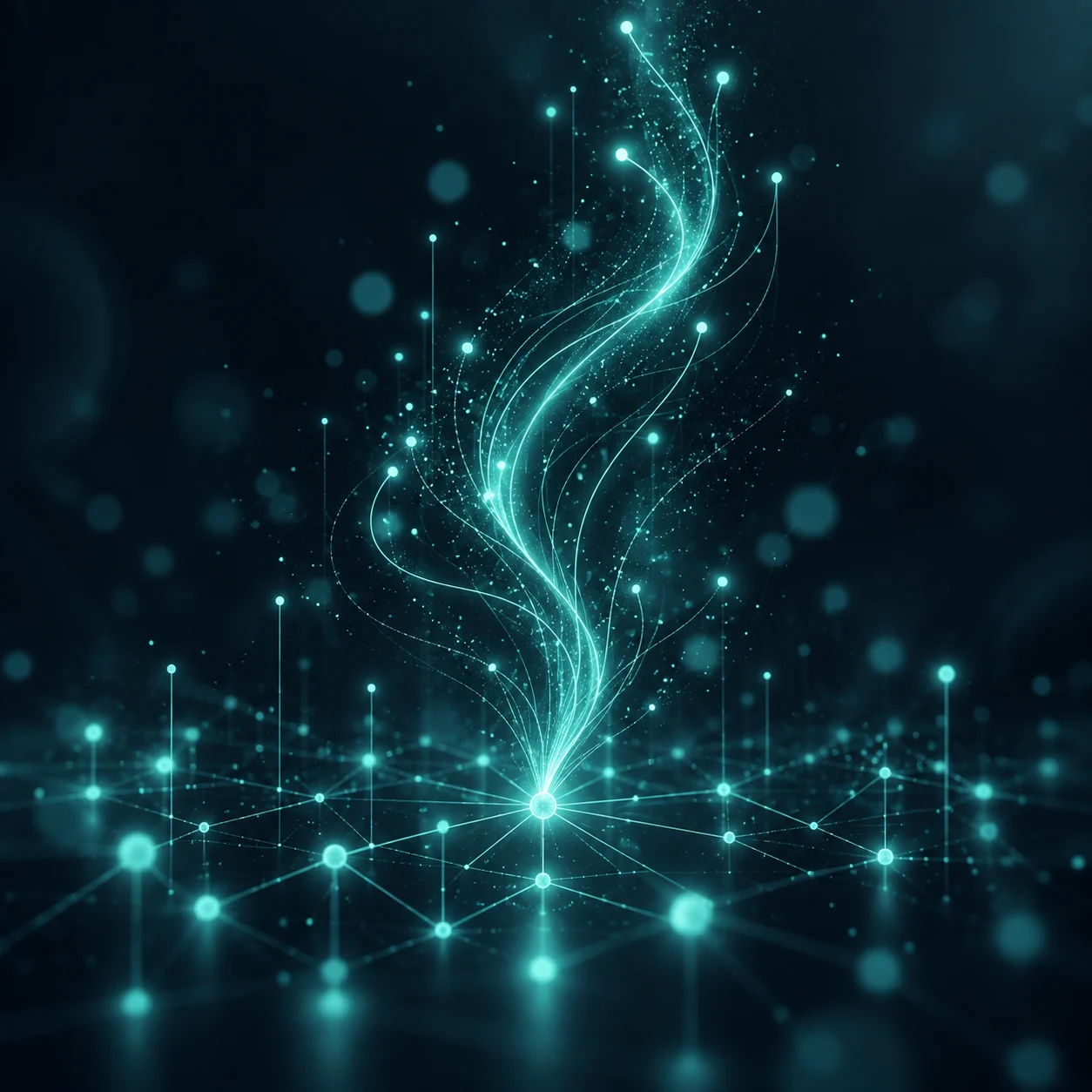 Contenuti AI: forma organica luminosa che cresce da radici geometriche strutturate