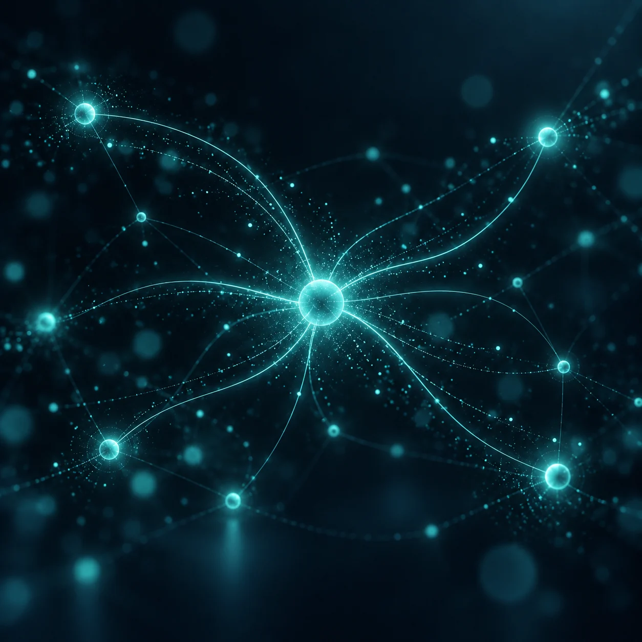 Digital PR: nodo luminoso centrale che invia percorsi di luce verso nodi più piccoli e distanti