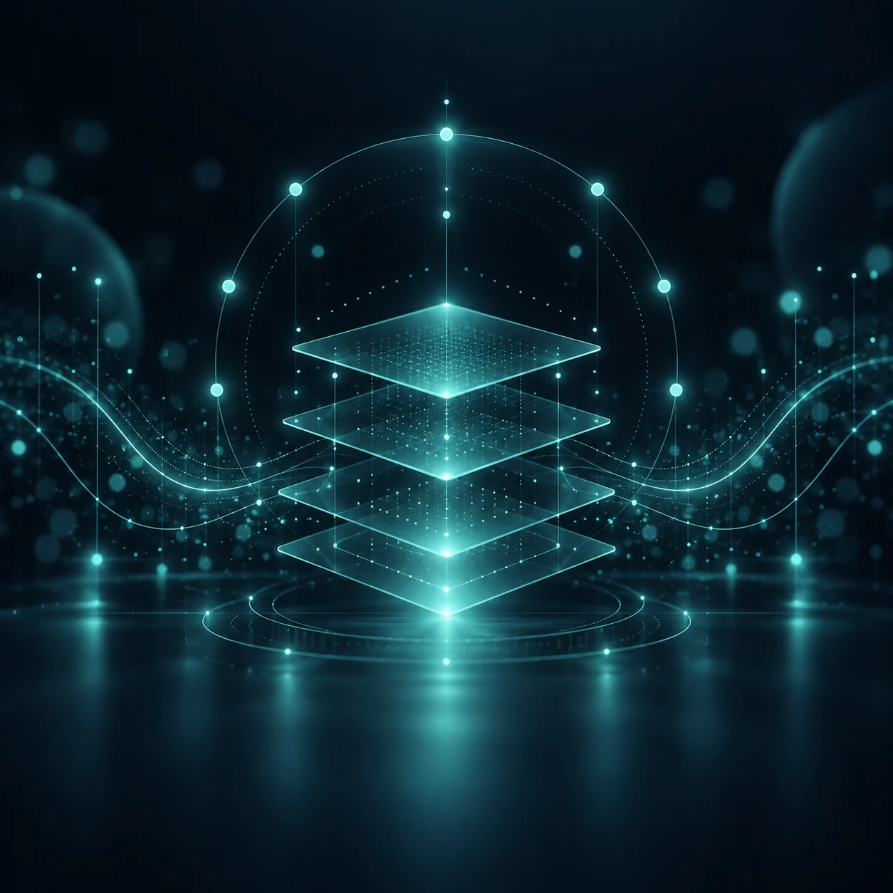 AI Act: forme geometriche stratificate con bagliore teal, simbolo di regolamentazione strutturata